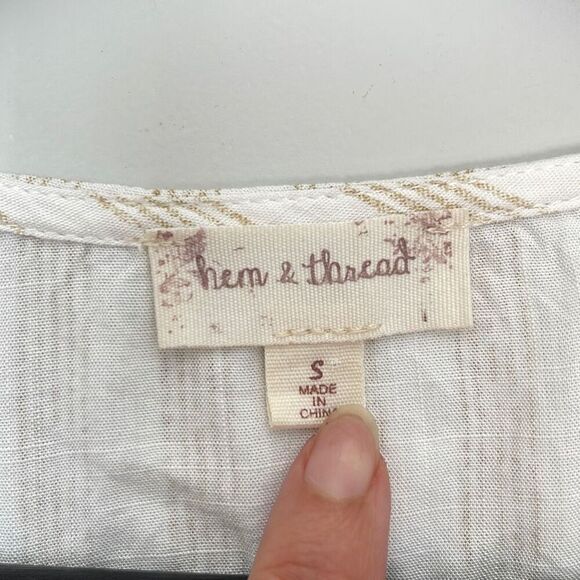 Hem & Thread Womens Striped Top Blouse V Neck Ruffle Cap Sleeve Tie Beige Small - Picture 6 of 9